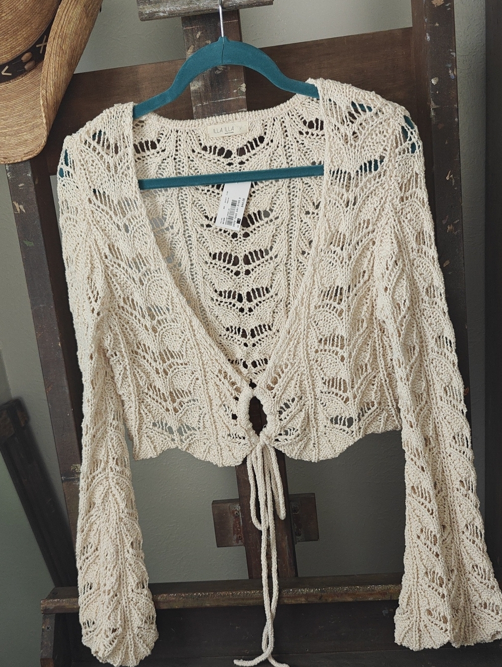 Lila Rose Cream Open-Front Crochet Tie-Front Shrug